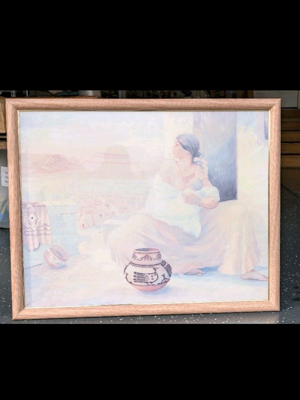 Framed 30"By24"NATIVE AMERICAN WOMAN AND BABY SOUTHWESTERN LITHO MATTED